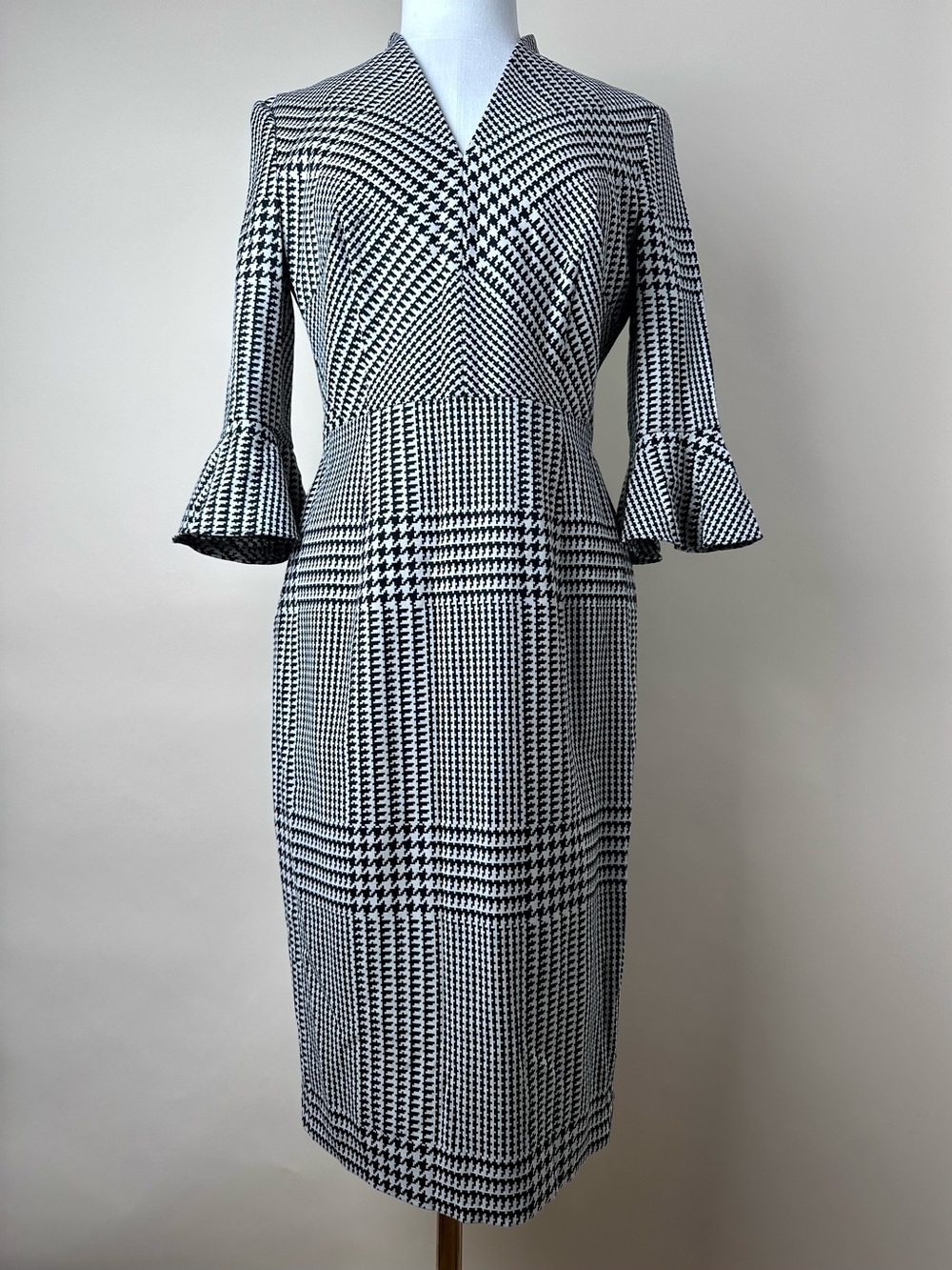 Escada V-Neck Bell-Sleeve Houndstooth Sheath Dress